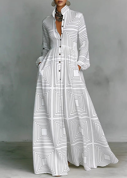 White & Black Geometric Cozy Maxi Dress