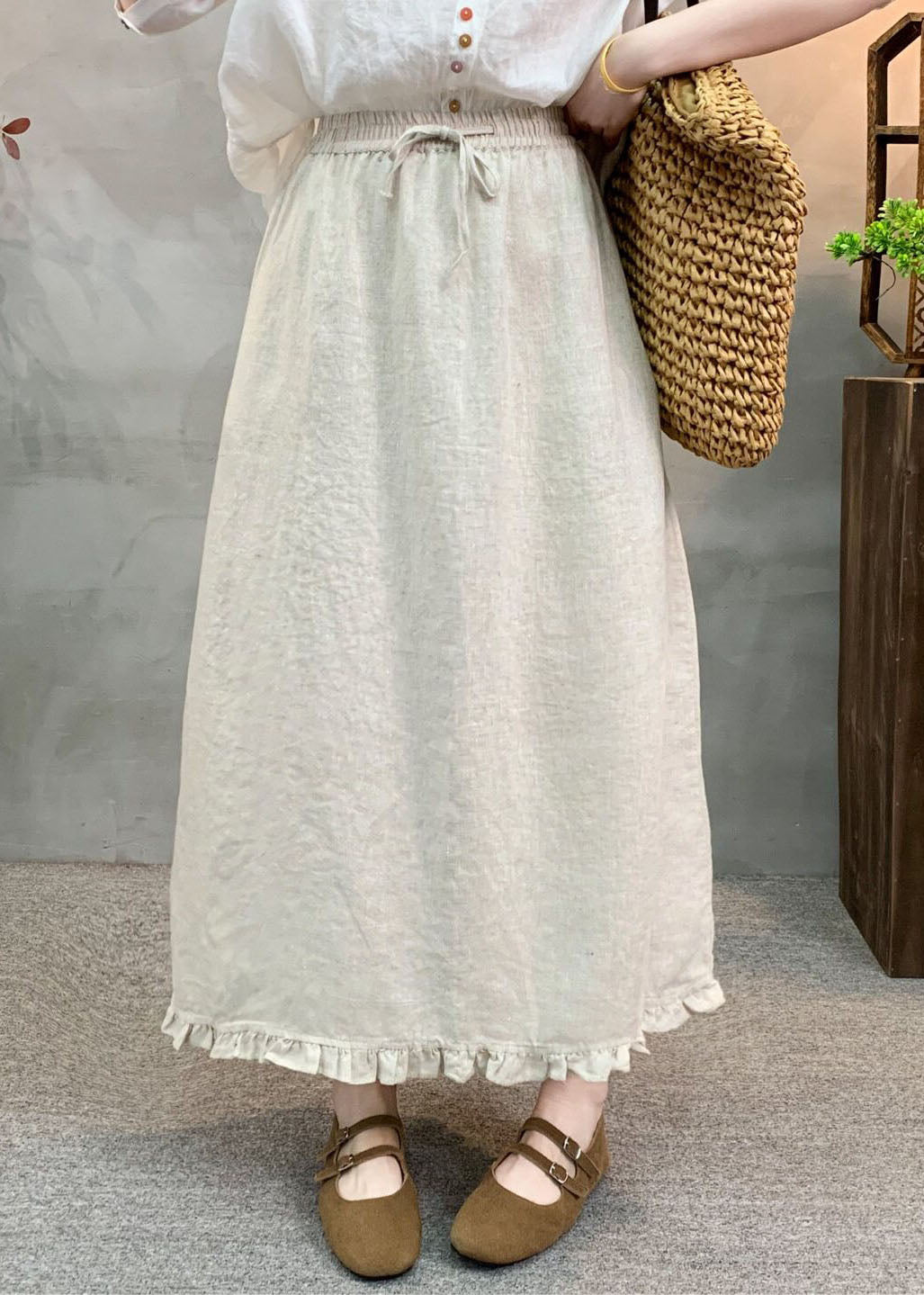 Bohemian Navy Ruffled Patchwork Elastic Waist Linen Skirt Summer
