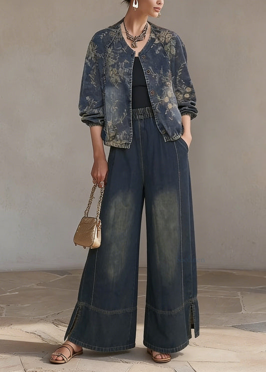 Bohemian O Neck Print Denim Two Piece Set Outfits Spring