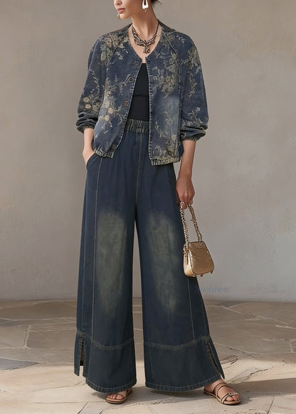 Bohemian O Neck Print Denim Two Piece Set Outfits Spring