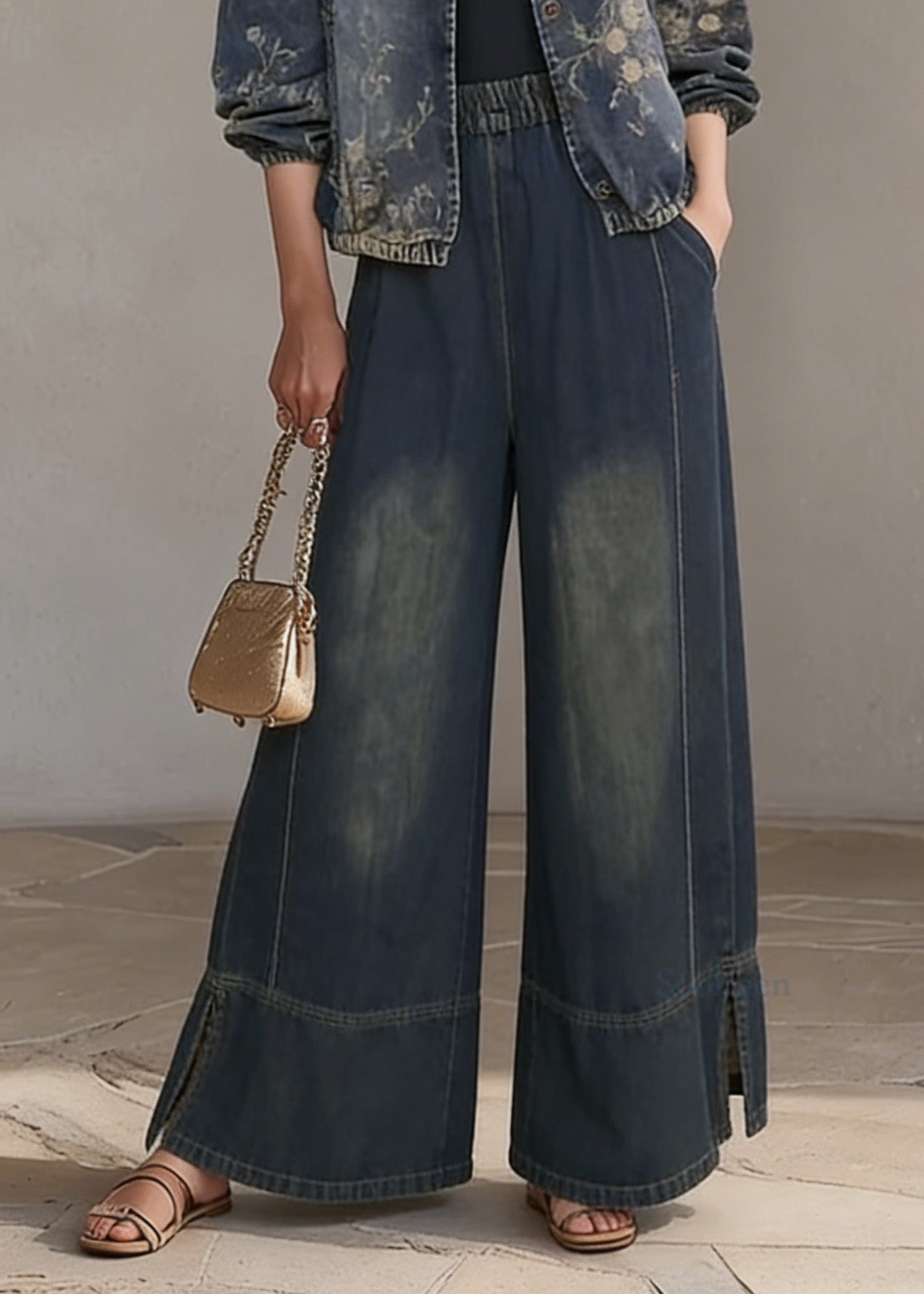 Bohemian O Neck Print Denim Two Piece Set Outfits Spring