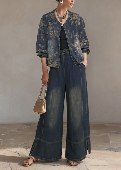 Bohemian O Neck Print Denim Two Piece Set Outfits Spring