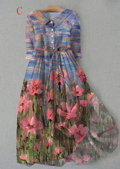 Bohemian Peter Pan Collar Print Lace Up Cotton Dress Summer