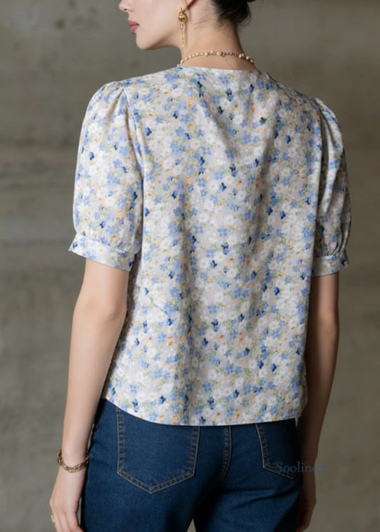 Bohemian Peter Pan Collar Puff Sleeve Print Tops Summer