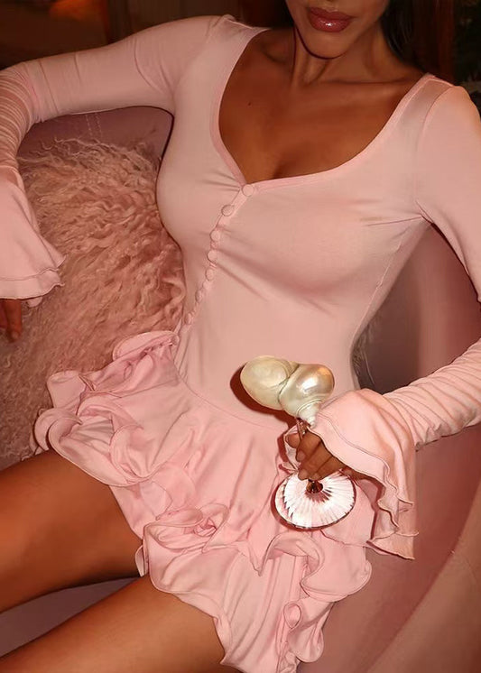 Bohemian Pink Asymmetrical Ruffled Cotton Mini Dresses Flare Sleeve