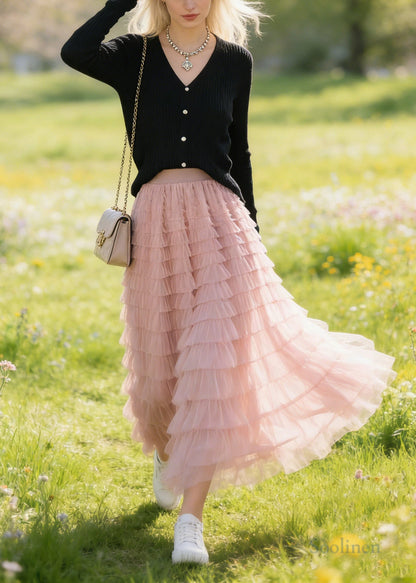 Bohemian Pink Elastic Waist Multi-layer Tulle A Line Skirt Spring