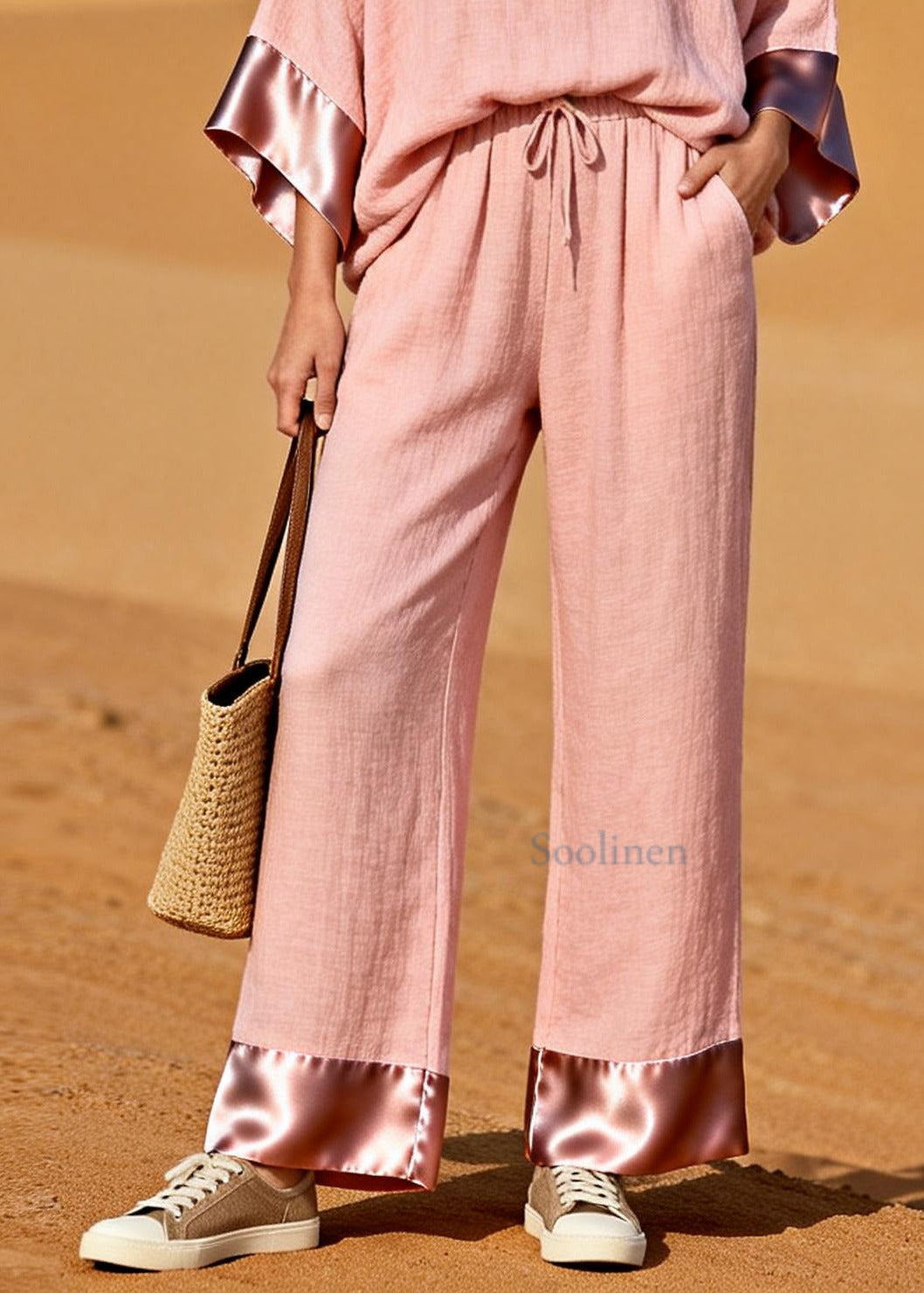 Bohemian Pink V Neck Patchwork Cotton Two Pieces Set Spring