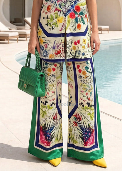 Bohemian Print Side Open Silk Shirt And Straight Pants Two Pieces Set Summer
