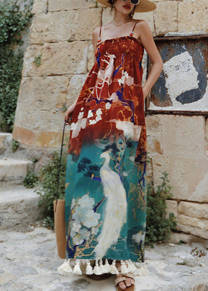 Bohemian Print Wrinkled Long Spaghetti Strap Dress Sleeveless