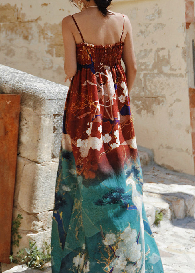 Bohemian Print Wrinkled Long Spaghetti Strap Dress Sleeveless