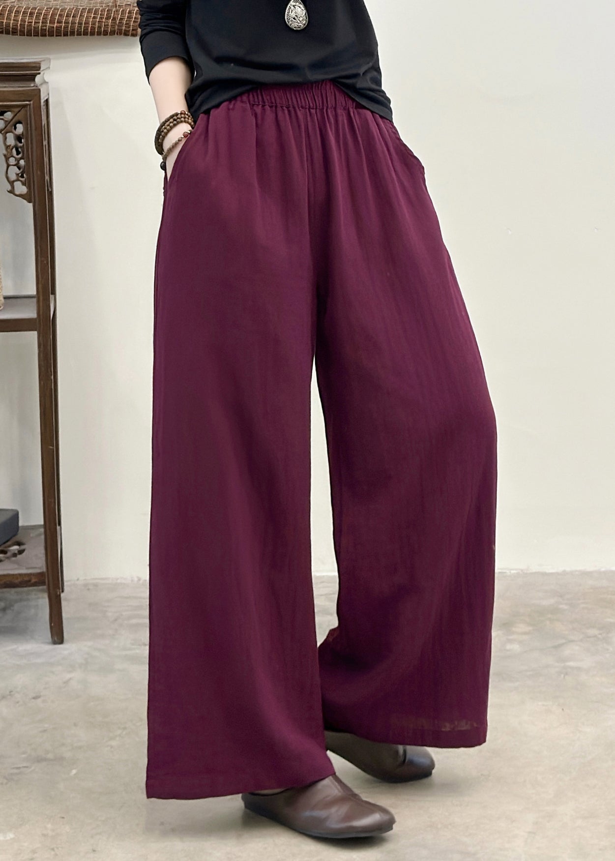 Bohemian Purple Elastic Waist Pockets Linen Pants Summer
