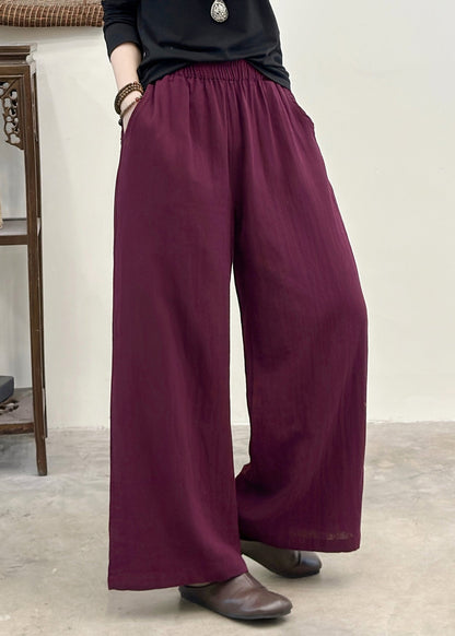 Bohemian Purple Elastic Waist Pockets Linen Pants Summer