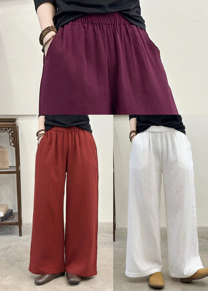 Bohemian Purple Elastic Waist Pockets Linen Pants Summer