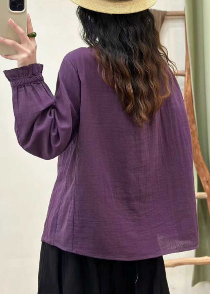 Bohemian Purple Ruffled Cotton Loose Shirts Fall