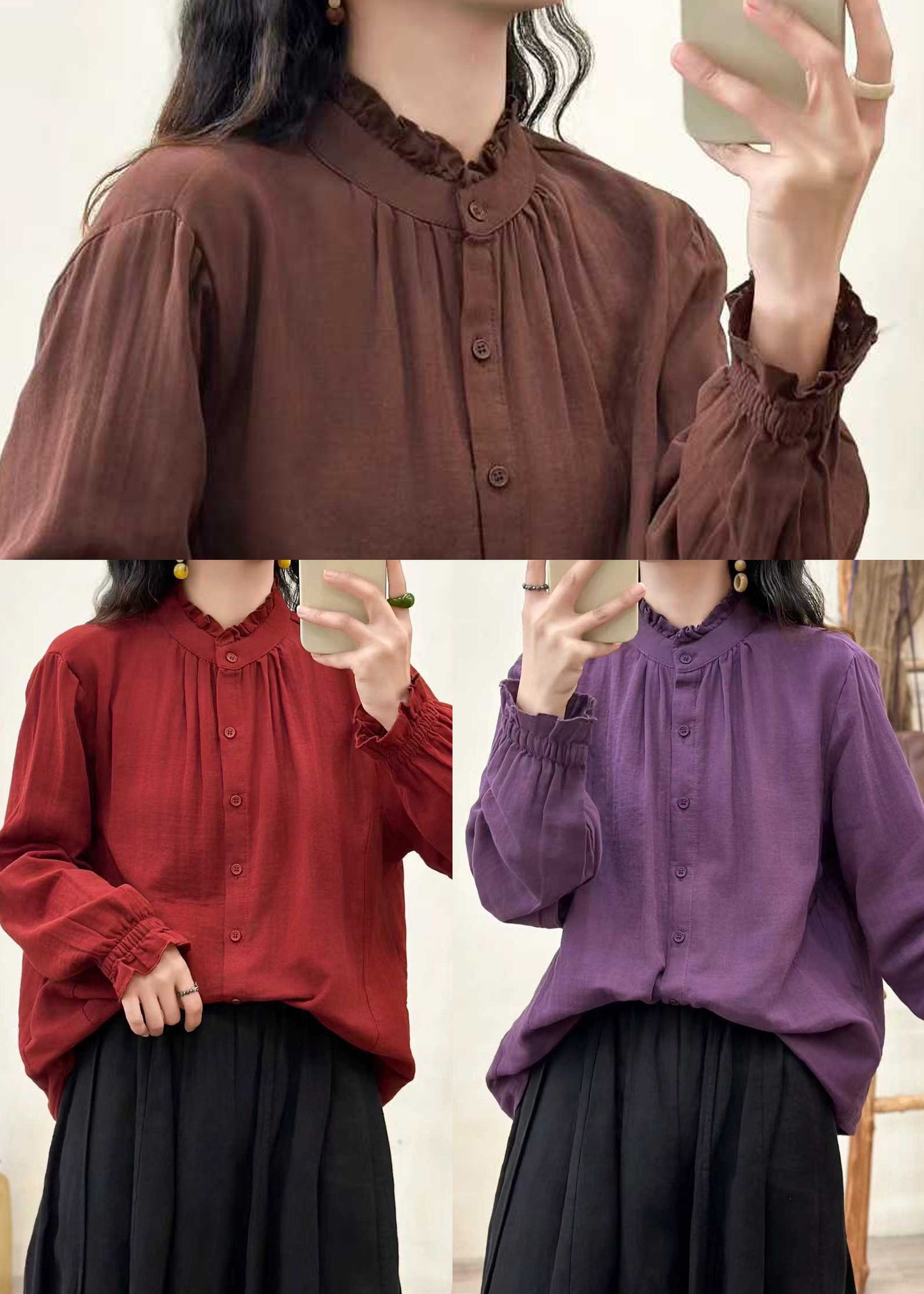 Bohemian Purple Ruffled Cotton Loose Shirts Fall