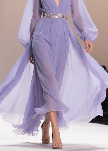 Bohemian Purple V Neck Wrinkled Chiffon Exra Large Hem Dresses Spring