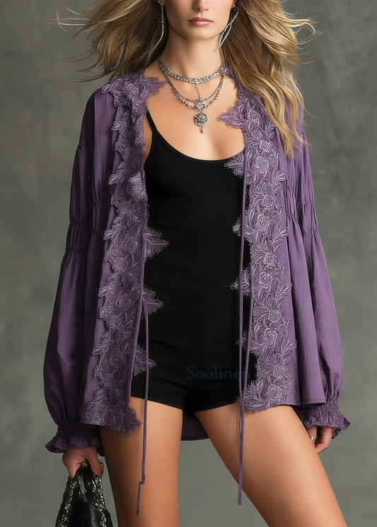 Bohemian Purple Wrinkled Patchwork Lace UPF 50+ Coat Jacket Spring