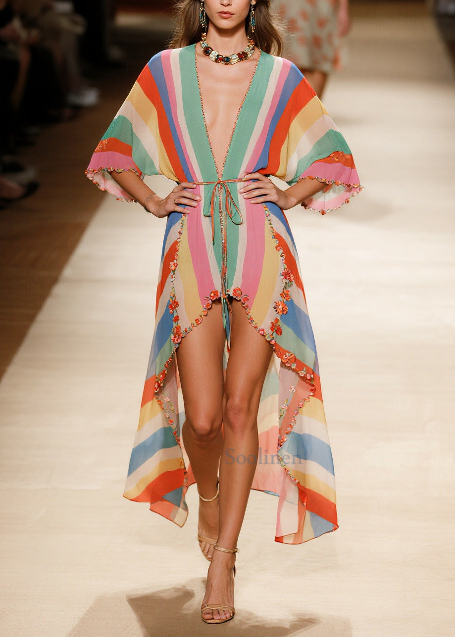 Bohemian Rainbow Asymmetrical Striped Chiffon Beach Dress Summer
