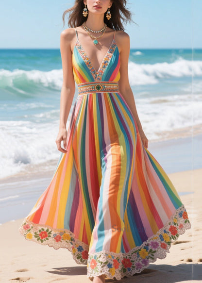 Bohemian Rainbow V Neck Striped Chiffon Spaghetti Strap Dress Summer