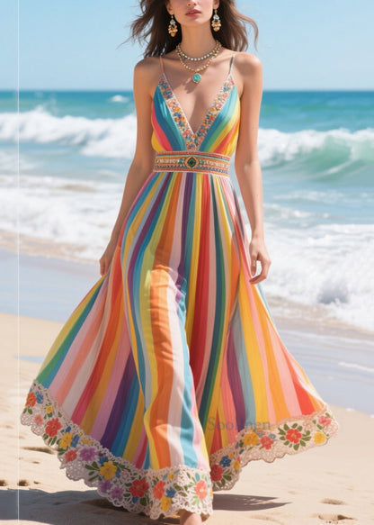 Bohemian Rainbow V Neck Striped Chiffon Spaghetti Strap Dress Summer