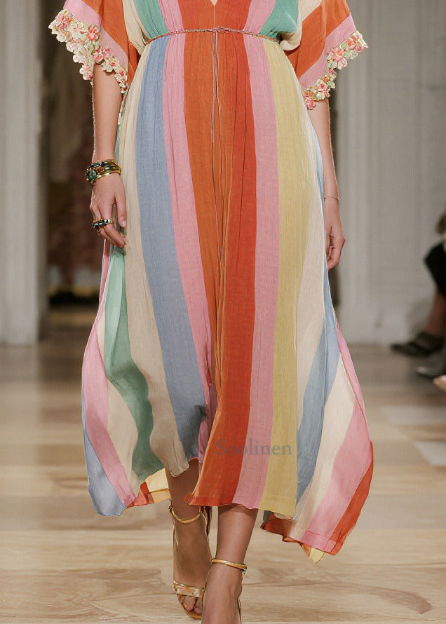 Bohemian Rainbow V Neck Striped Cotton Maxi Dresses Summer