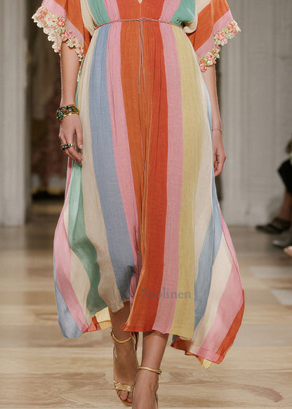Bohemian Rainbow V Neck Striped Cotton Maxi Dresses Summer