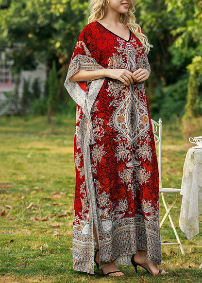 Bohemian Red Maxi Dress V Neck Print Summer