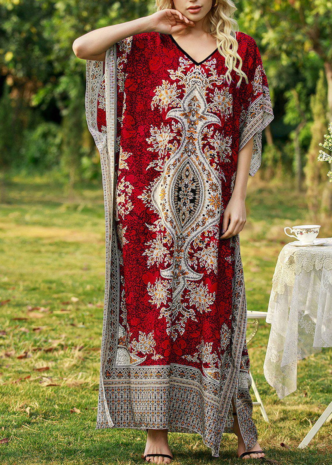 Bohemian Red Maxi Dress V Neck Print Summer