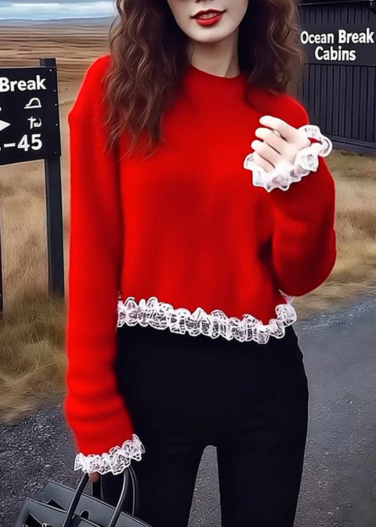 Bohemian Red Oversized Patchwork Lace Sweaters Winter