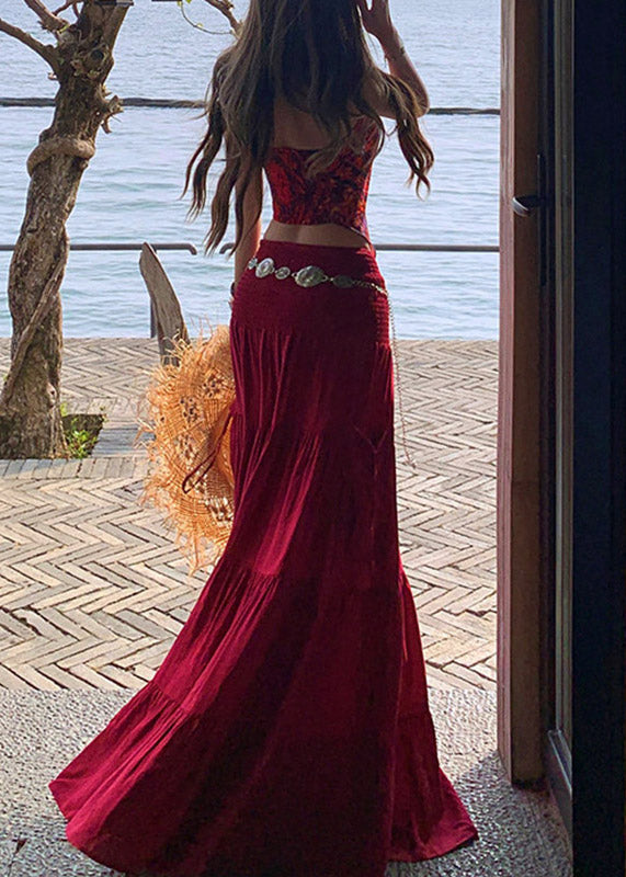 Bohemian Red Print Vest And Maxi Skirts Two Pieces Set Summer