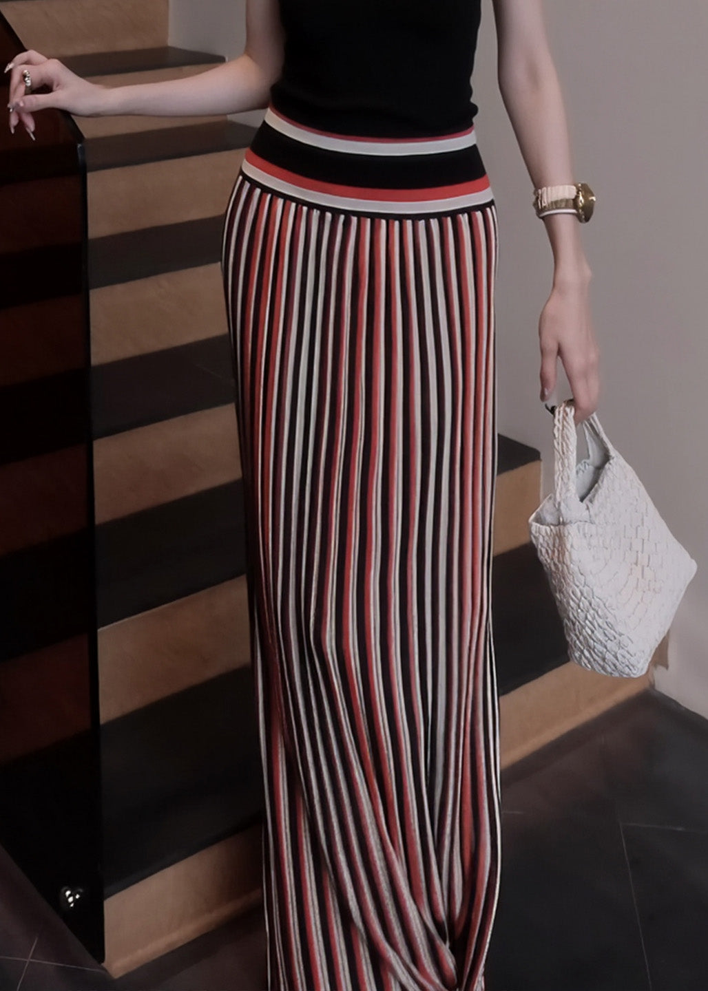 Bohemian Red Striped Silm Fit Holiday Straight Skirts Spring