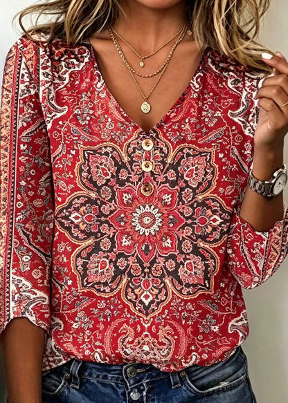 Bohemian Red V Neck Print Cotton Blouse Top Summer