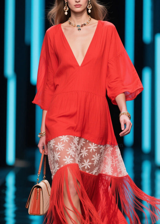 Bohemian Red V Neck Print Tassel Cotton Dress Summer