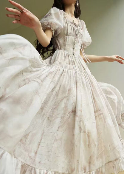 Bohemian Ruffled Print Lace Up Silk Long Dress Summer