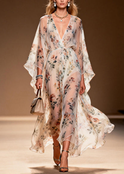Bohemian V Neck Print Chiffon Long Dresses Summer