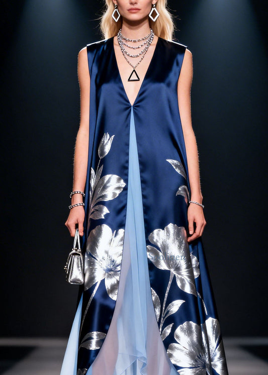 Bohemian V Neck Print Patchwork Silk Long Dress Summer