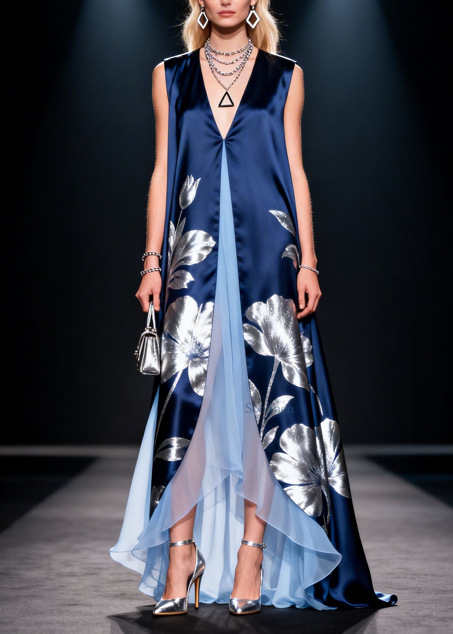 Bohemian V Neck Print Patchwork Silk Long Dress Summer