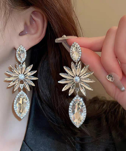 Bohemian White Alloy Zircon Floral Water Droplet Drop Earrings