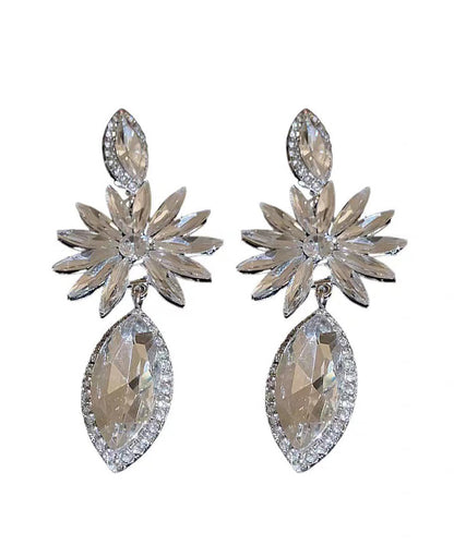 Bohemian White Alloy Zircon Floral Water Droplet Drop Earrings