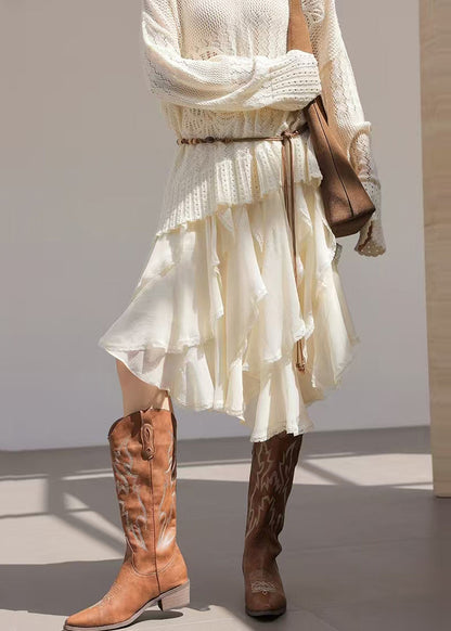 Bohemian White Asymmetrical Ruffles Chiffon Skirt Spring
