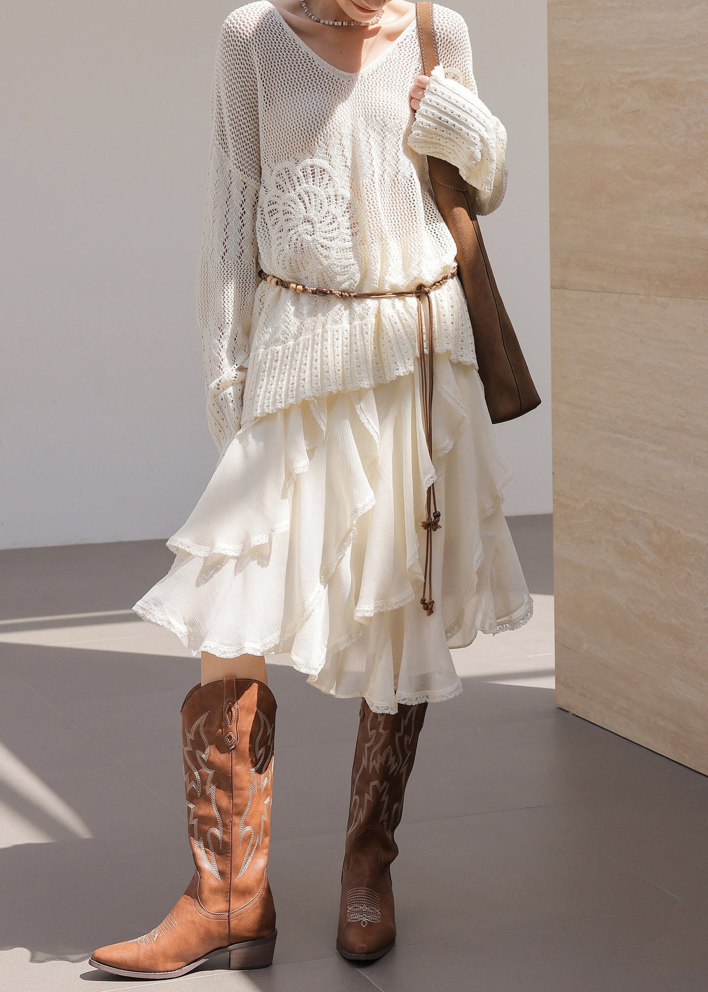Bohemian White Asymmetrical Ruffles Chiffon Skirt Spring