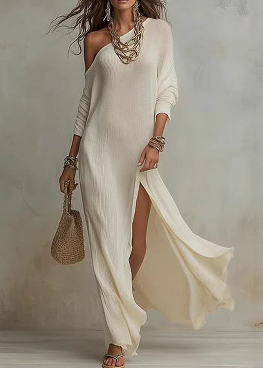 Bohemian White Cold Shoulder Side Open Cotton Maxi Dresses Summer