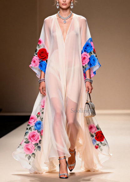 Bohemian White Oversized Print Chiffon Vacation Dresses Summer