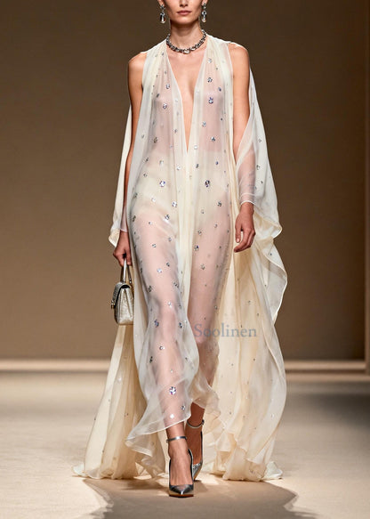 Bohemian White Rhinestone Cold Shoulder Chiffon Sheer Dress Summer