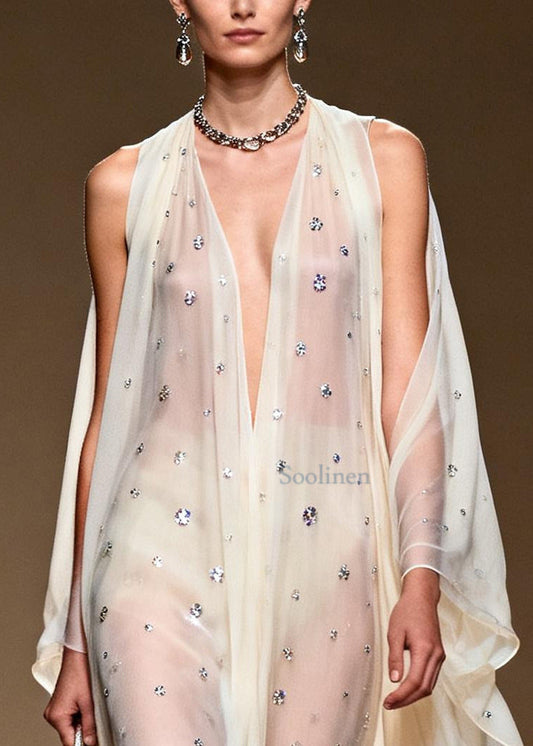Bohemian White Rhinestone Cold Shoulder Chiffon Sheer Dress Summer