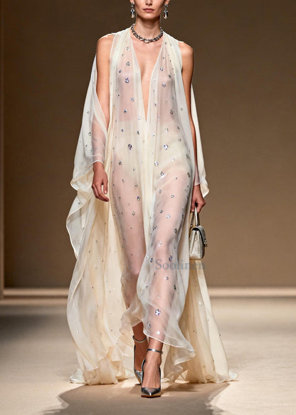 Bohemian White Rhinestone Cold Shoulder Chiffon Sheer Dress Summer