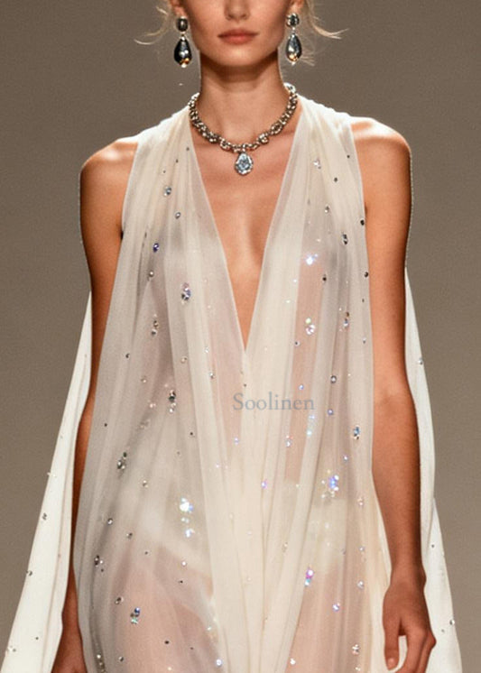 Bohemian White Rhinestone Draping Chiffon Sheer Dress Sleeveless