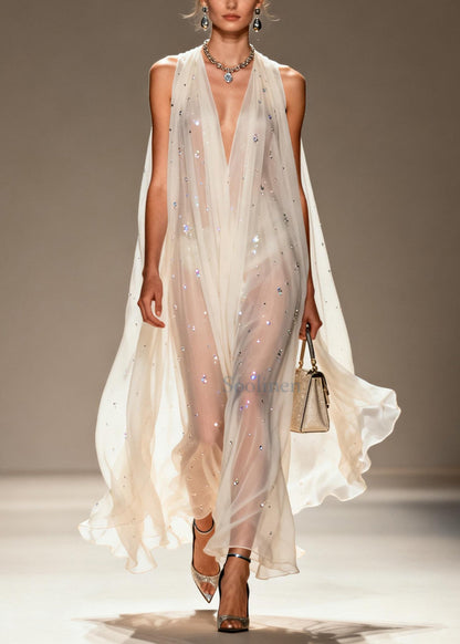 Bohemian White Rhinestone Draping Chiffon Sheer Dress Sleeveless