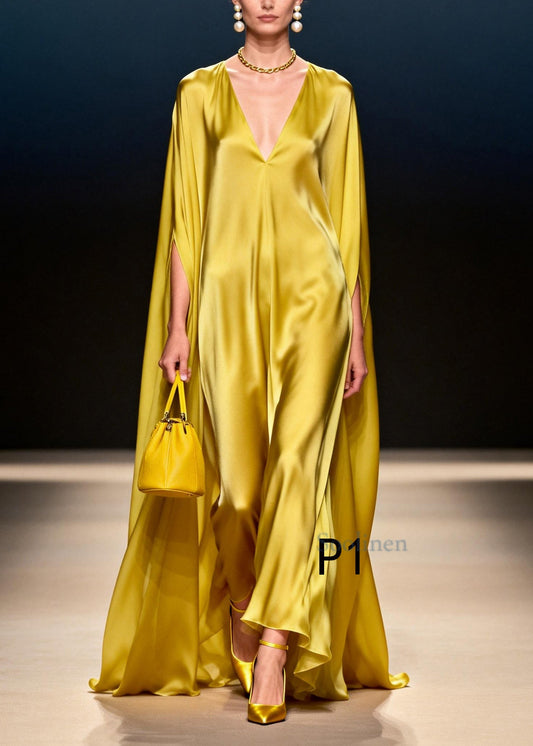 Bohemian Yellow Oversized Chiffon Vacation Dresses Batwing Sleeve