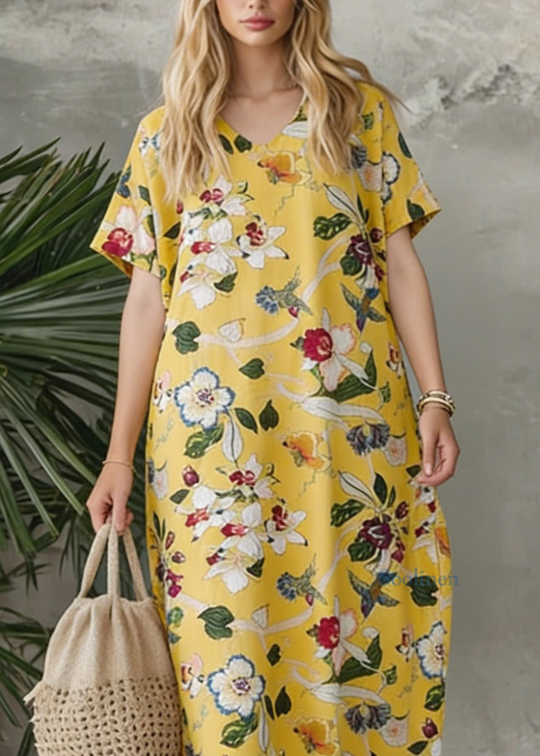 Bohemian Yellow V Neck Print Loose Cotton Dress Summer